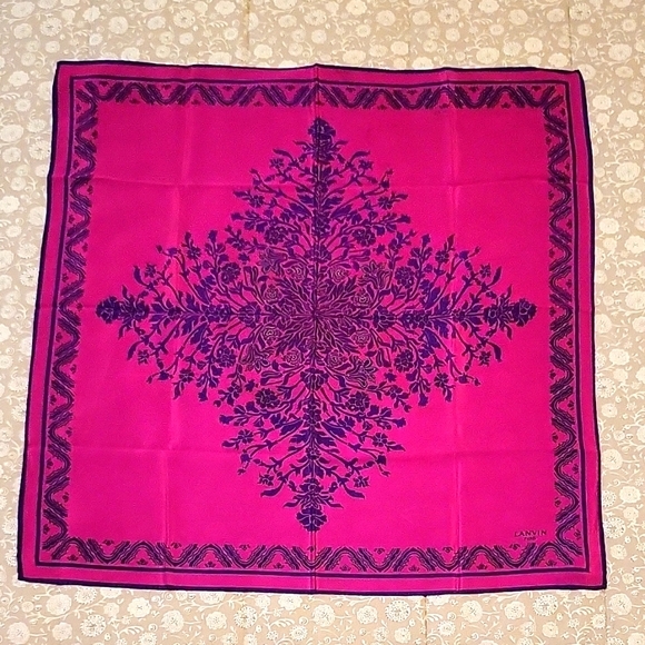 NEW Lanvin Fuschia/Magenta & Purple Silk Scarf, Floral Pattern, 25" square - Picture 2 of 9